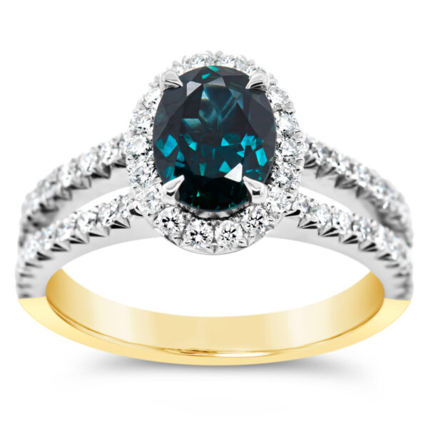 Blue Teal Sapphire Ring French Pave DIamond Halo & Split Shank in White & Yellow Gold by World Treasure Designs