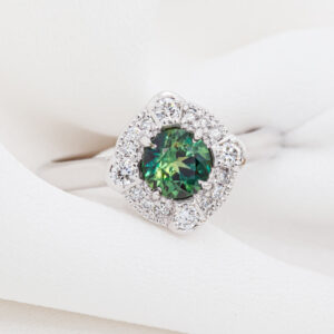 Australian Green Parti Sapphire Ring Diamond Halo in White Gold by World Treasure Designs