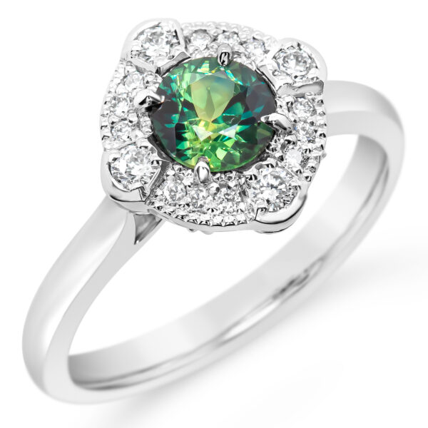 Australian Green Parti Sapphire Ring with Diamond Halo in White Gold by World Treasure Designs
