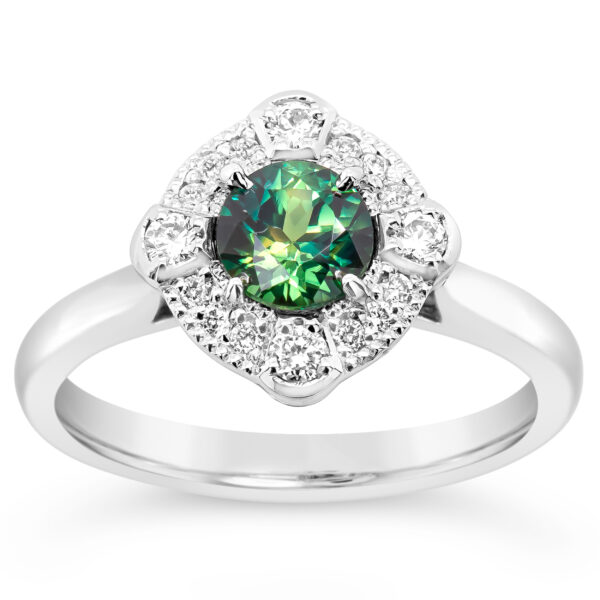 Australian Green Parti Sapphire With Diamond Halo Ring in White Gold by World Treasure Designs