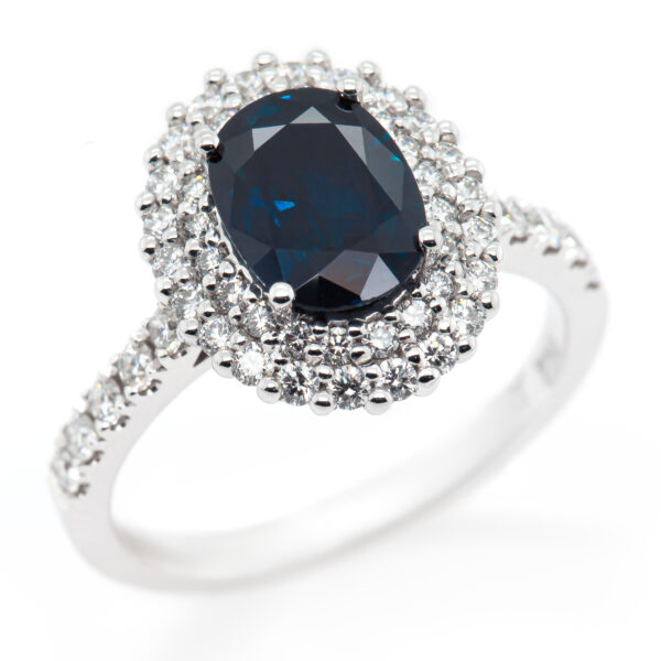 Blue Sapphire Diamond Ring Vintage Double Halo in White Gold by World Treasure Designs