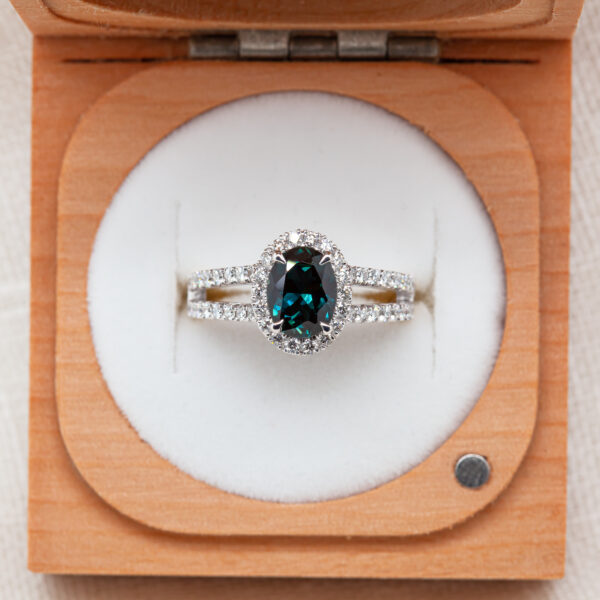 Blue Teal Australian Sapphire Ring French Pave Diamond Halo Split Shank in White & Yellow Gold by World Treasure Designs