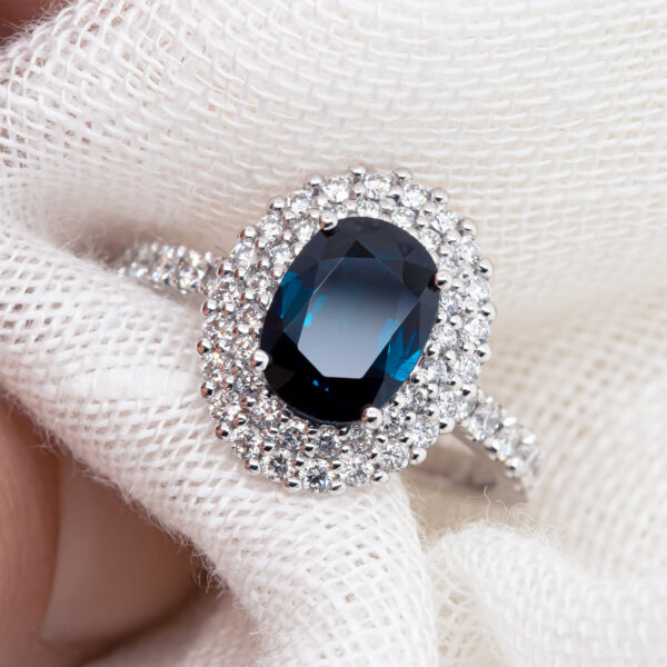 Ethical Vintage Australian Blue Sapphire Ring Double Halo of Diamonds in White Gold by World Treasure Designs