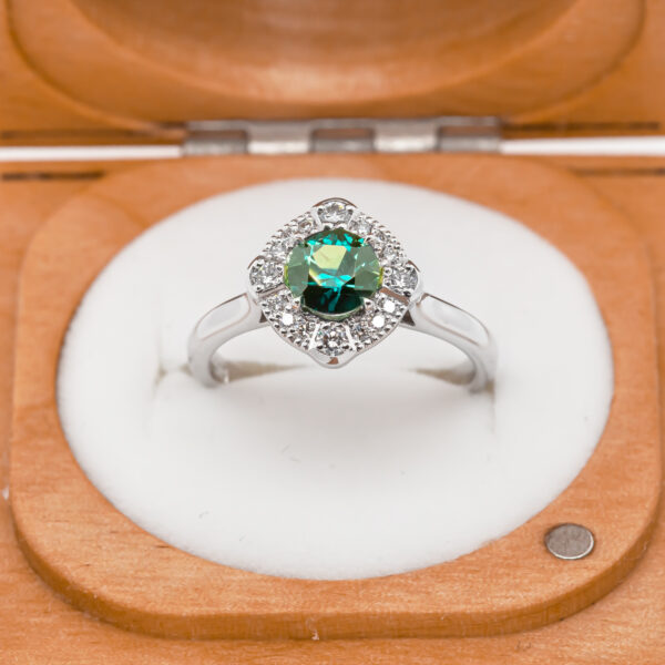 Green-Blue Parti Sapphire Ring Vintage Diamonds Halo in White Gold by World Treasure Designs