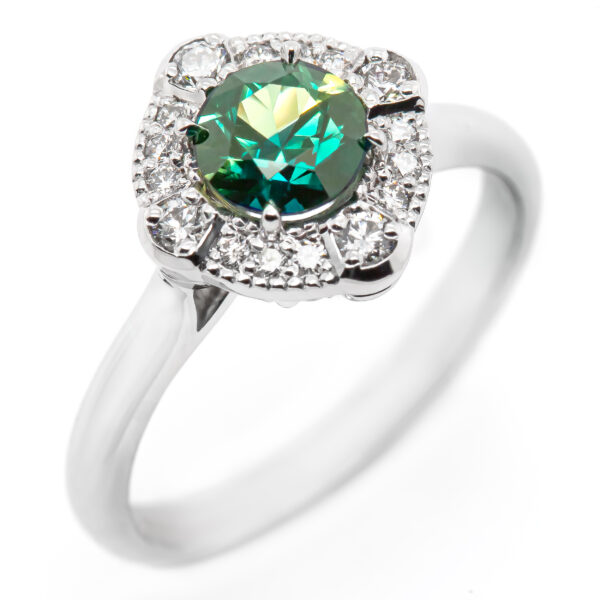 Green Parti Sapphire Ring Vintage Style Halo in White Gold by World Treasure Designs