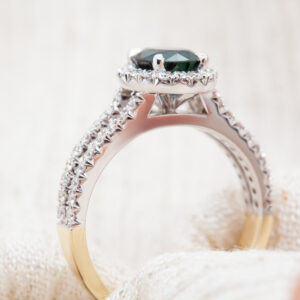 Teal Blue Australian Sapphire Ring French Pave Diamonds in White & Yellow Gold by World Treasure Designs