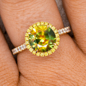 Australian Yellow Green Parti Sapphire Ring Yellow Diamond Halo in Yellow Gold by World Treasure Designs