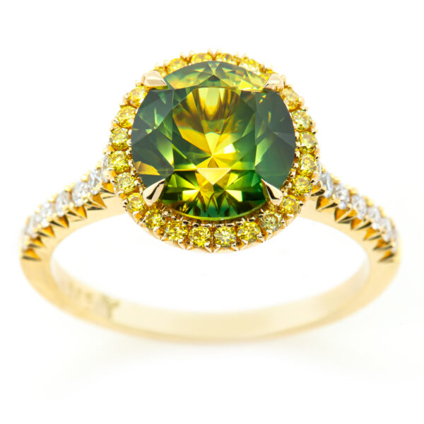 Australian Yellow-Green Parti Sapphire Ring Yellow Diamond Halo in Yellow Gold by World Treasure Designs