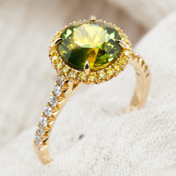 Australian Yellow Green Parti Sapphire Ring Yellow Diamonds in Yellow Gold by World Treasure Designs