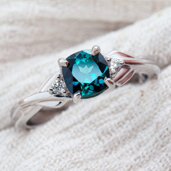Teal Australian Sapphire Ring with Diamonds Ethically Made in White Gold by World Treasure Designs