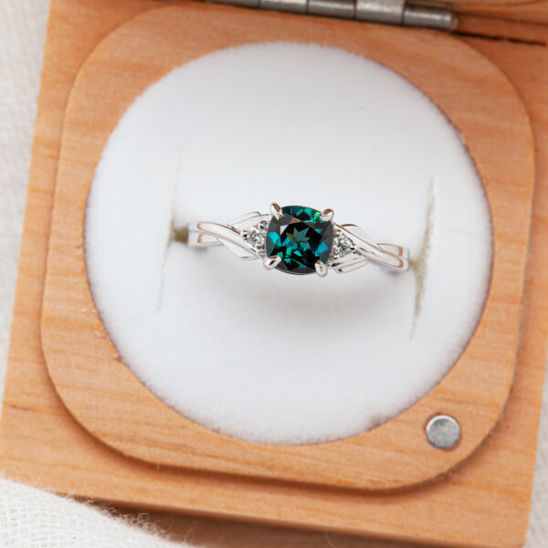 Teal Blue Australian Sapphire Ring with Diamonds in White Gold by World Treasure Designs