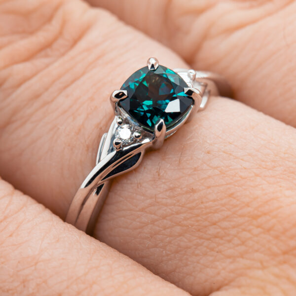 Teal Blue Sapphire Ring Australian Sapphire with Diamonds in White Gold by World Treasure Designs