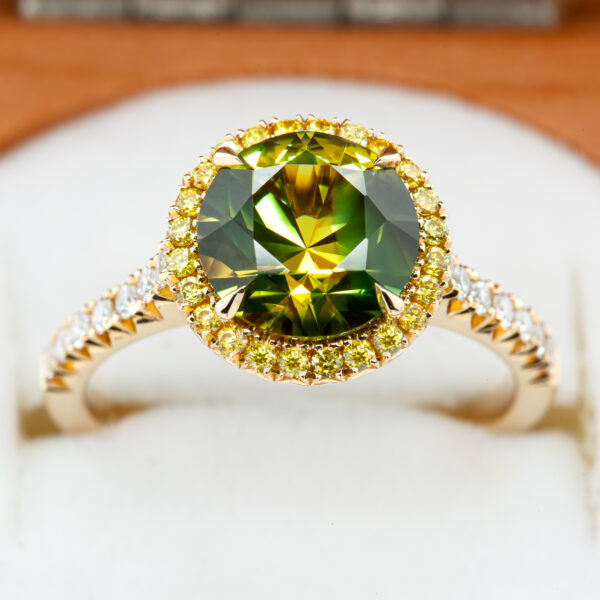 Yellow Green Parti Sapphire Ring Australian Sapphire with Yellow Diamonds in Yellow Gold by World Treasure Designs