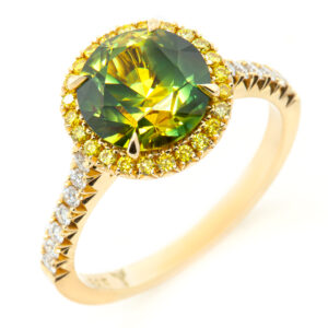 Yellow Green Parti Sapphire Ring Australian Sapphire with Yellow Diamonds in Yellow Gold by World Treasure Designs