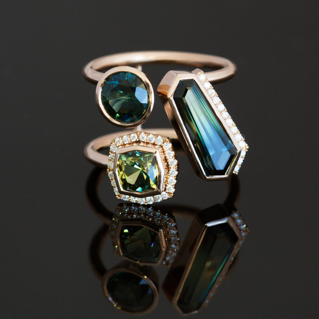Australian Green-Yellow-Blue Parti Sapphire Dress Ring in Rose Gold by World Treasure Designs