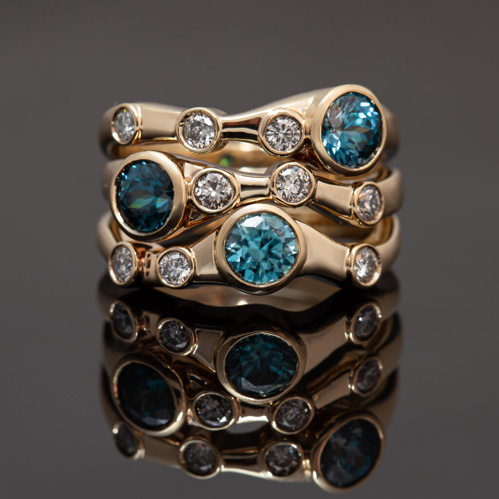 Blue Zircon + Diamond Dress Ring in Yellow Gold Bubble Design by World Treasure Designs