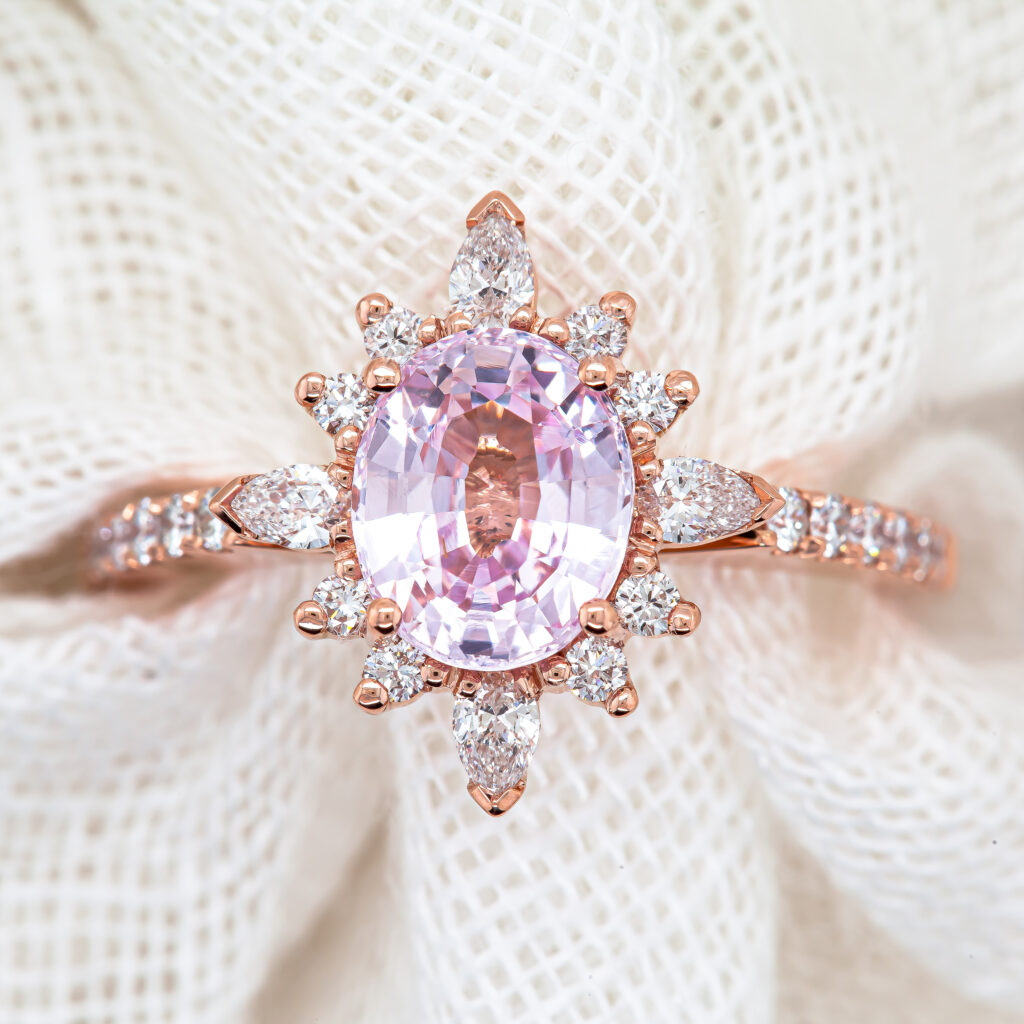 Pink Sapphire and Diamond Halo Dress Ring in Rose Gold by World Treasure Designs