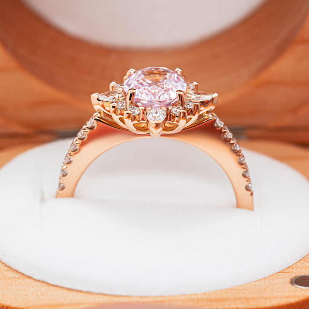 Pink Sapphire and Diamond Halo Dress Ring in Rose Gold by World Treasure Designs