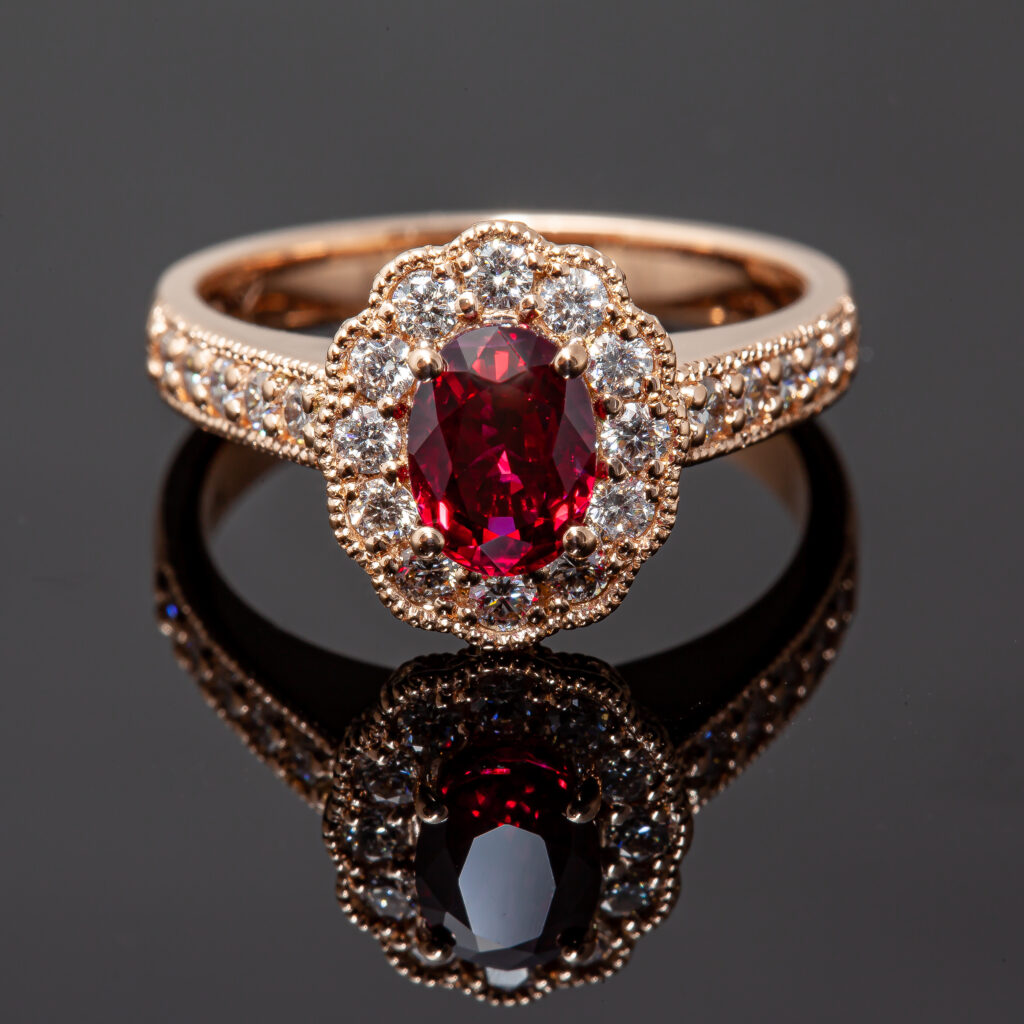 Ruby + Diamond Halo Engagement Ring in Rose Gold by World Treasure Designs