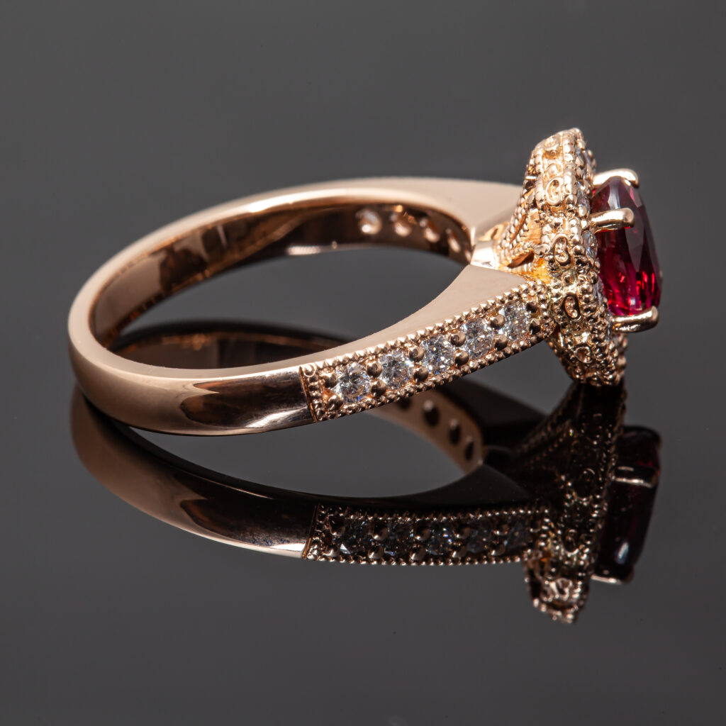 Ruby + Diamond Halo Engagement Ring in Rose Gold by World Treasure Designs