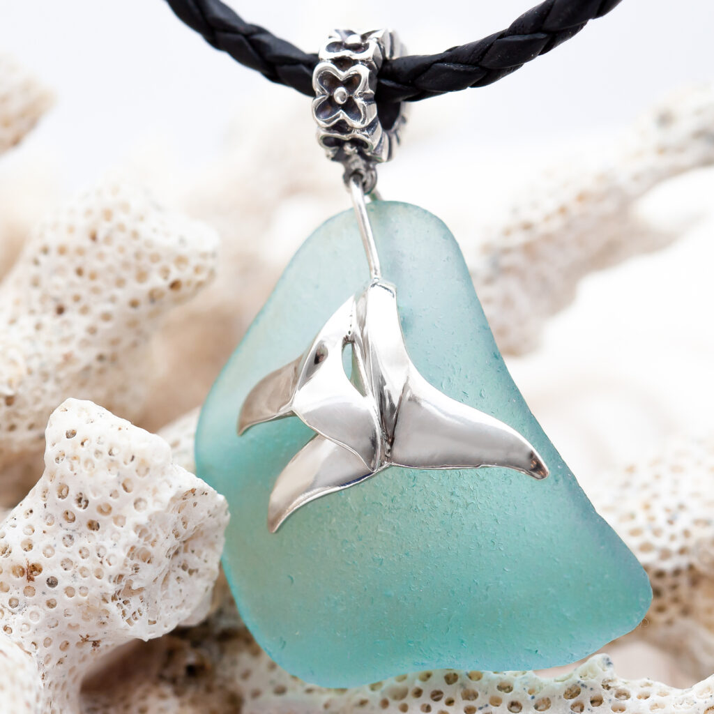 Sea Glass Teal Whale Tail Necklace in Silver by World Treasure Designs