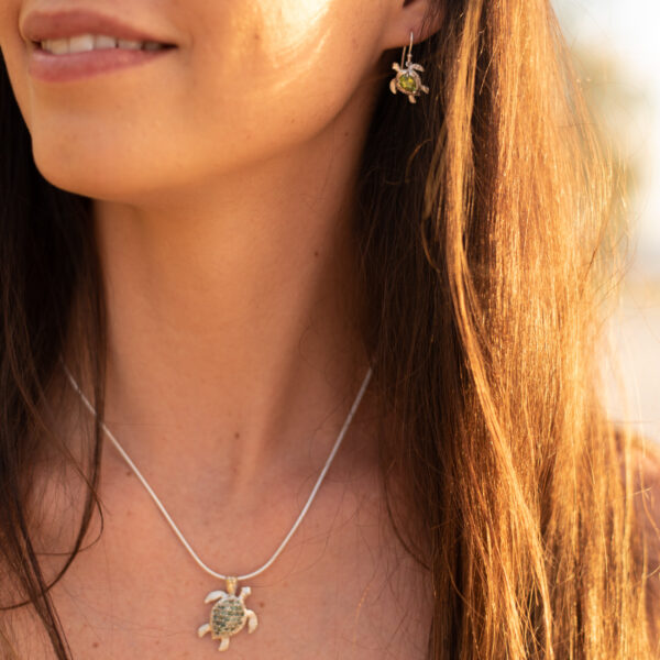 Sea Turtle Gemstone Earrings in Sterling Silver by World Treasure Designs