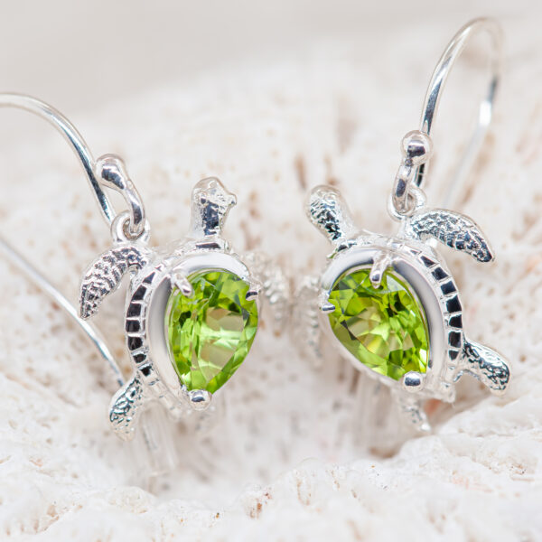 Silver Green Sea Turtle Gemstone Earrings in Peridot by World Treasure Designs