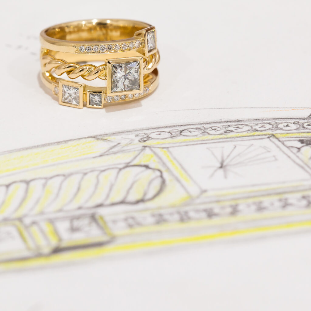 Yellow Gold Diamond Dress Ring Custom Design Engagement Ring Diamonds and White + Rose Gold by World Treasure Designs