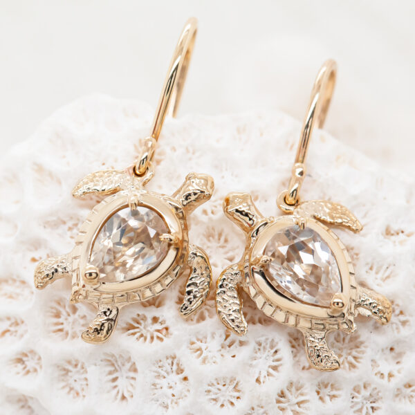 Yellow Gold Sea Turtle Earrings with Champagne Zircon Gemstones by World Treasure Designs