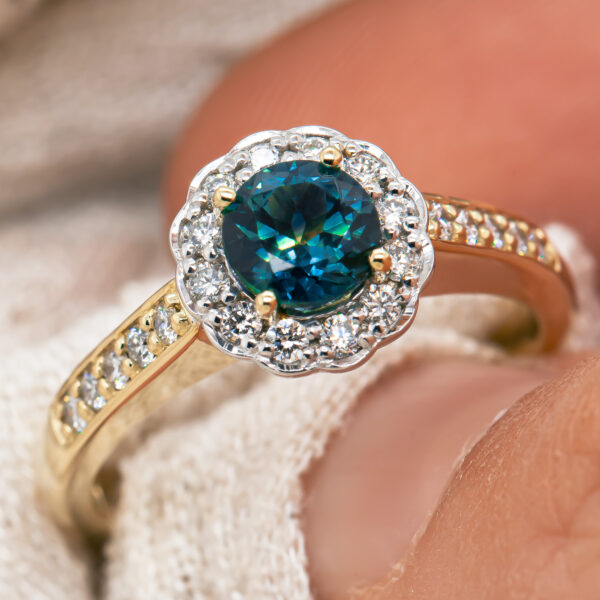 Australian Blue Parti Sapphire Ring with Diamond Halo in White and Yellow Gold by World Treasure Designs