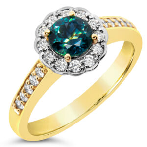 Australian Blue Parti Sapphire and Diamond Halo Ring in White and Yellow Gold by World Treasure Designs