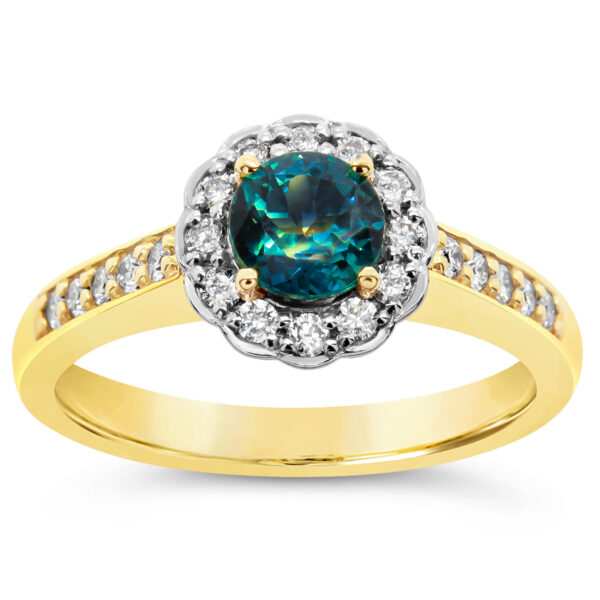 Australian Blue Parti Sapphire Ring with Halo of Diamonds in White and Yellow Gold by World Treasure Designs