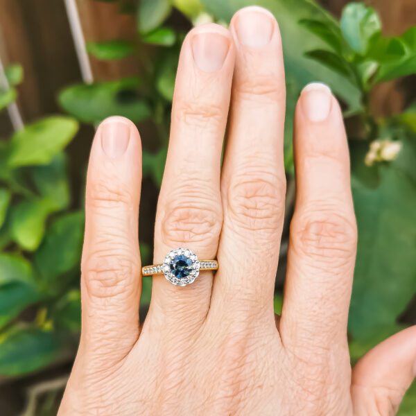 Australian Blue Parti Sapphire with Diamond Halo in White and Yellow Gold by World Treasure Designs