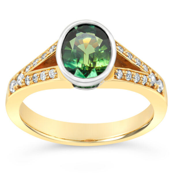 Australian Green Parti Sapphire Ring Diamonds and Yellow Gold by World Treasure Designs