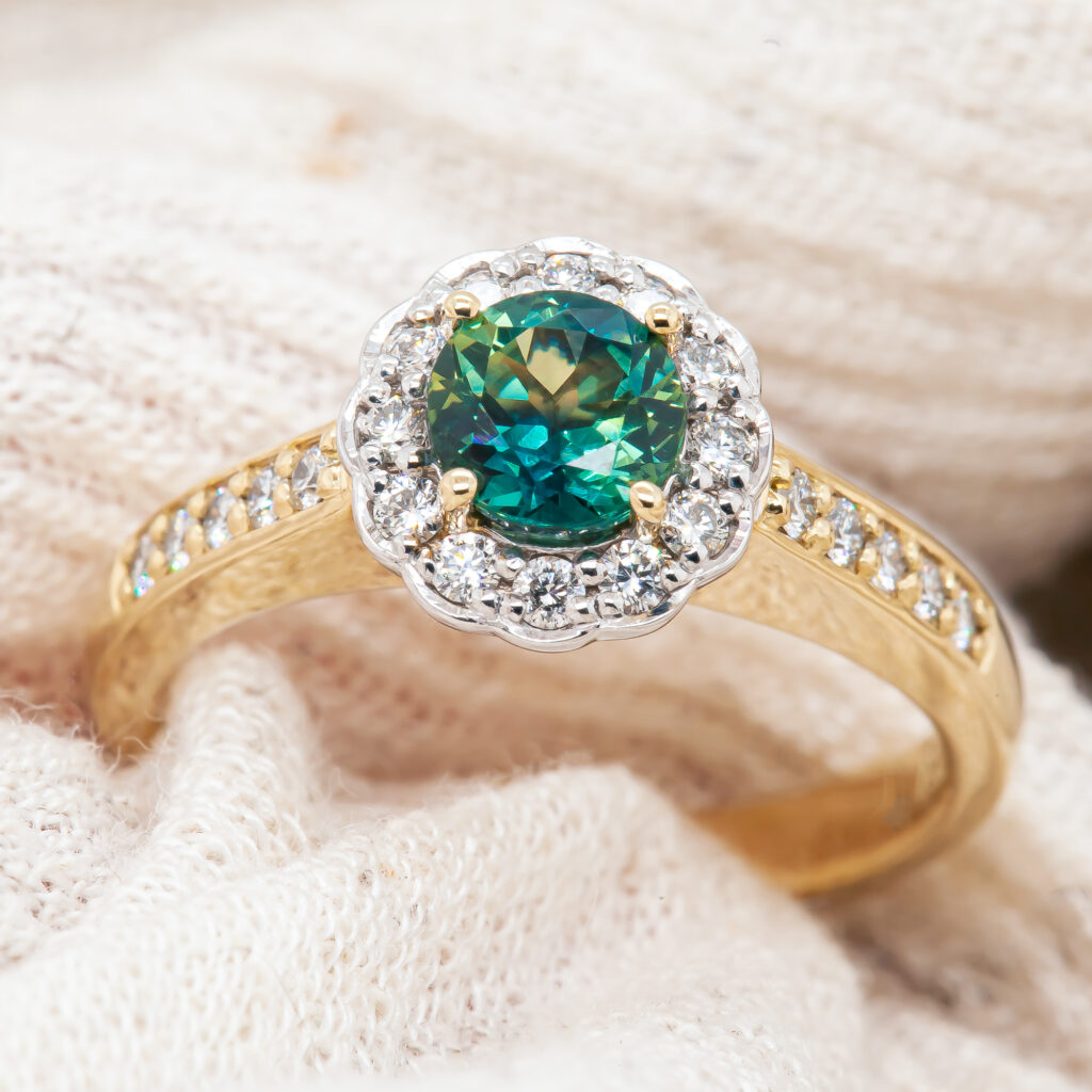 Australian Teal Parti Sapphire Ring Green-Blue Sapphire in Yellow Gold by World Treasure Designs