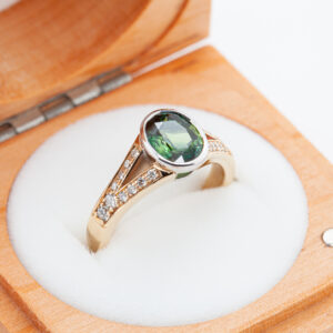 Green Parti Australian Sapphire Ring with Diamonds in Yellow Gold by World Treasure Designs