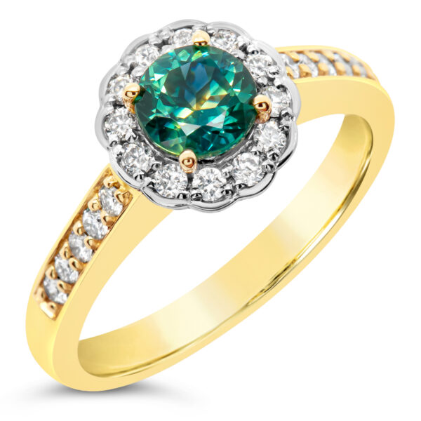 Teal Green-Blue Parti Sapphire Ring Australian Sapphire in Yellow Gold by World Treasure Designs