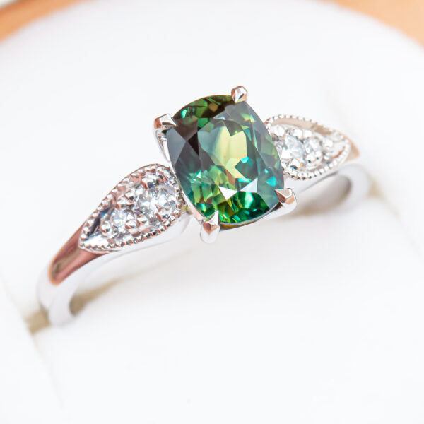 Australian Green Blue Teal Parti Sapphire Ring in White Gold with Diamonds by World Treasure Designs