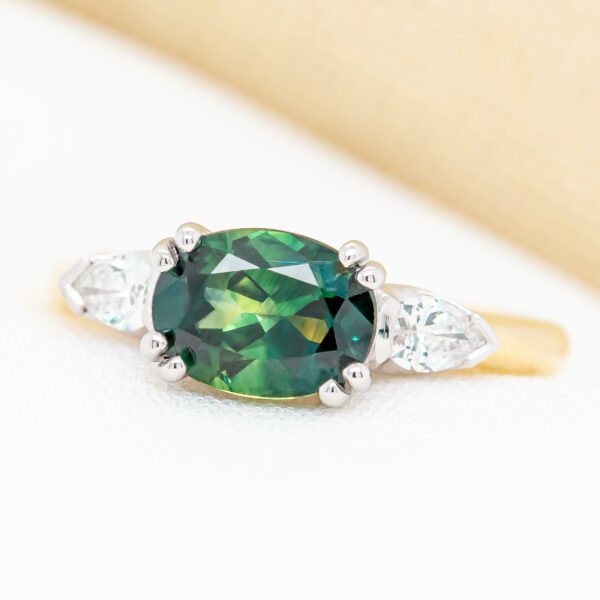 Australian Green Parti Sapphire Ring with Diamonds in Yellow Gold by World Treasure Designs