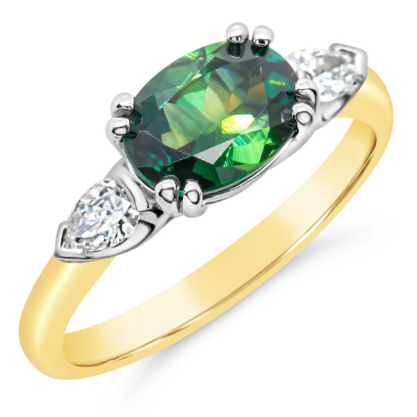 Australian Green Parti Sapphire and Diamond Ring in Yellow and White Gold by World Treasure Designs