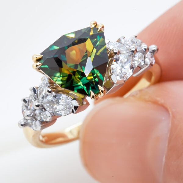 Australian Green-Yellow Trilliant Sapphire Ring with Diamonds in Yellow Gold by World Treasure Designs