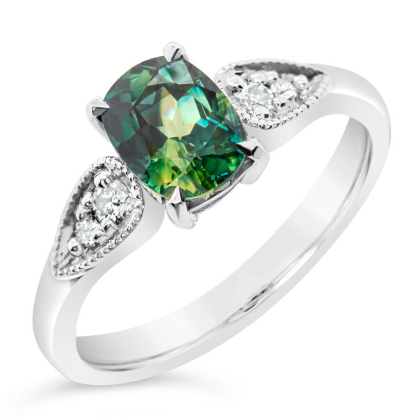 Green-Blue-Yellow Parti Sapphire Ring in White Gold with Diamonds by World Treasure Designs