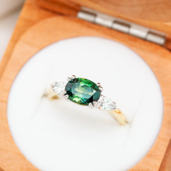 Green Parti Sapphire Ring with Diamonds in Yellow Gold by World Treasure Designs