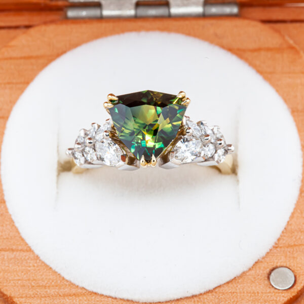 Green Yellow Parti Sapphire Ring Trilliant Cut with Diamonds in Yellow Gold by World Treasure Designs