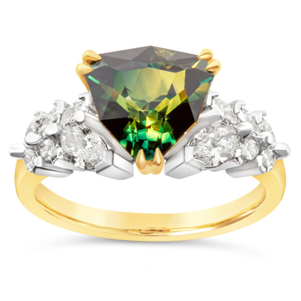 Green-Yellow Parti Trilliant Sapphire Ring with Diamonds in Yellow Gold by World Treasure Designs