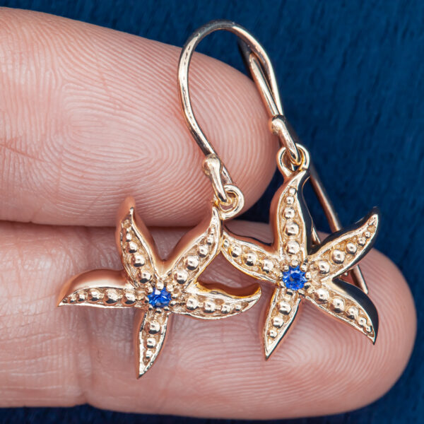 Sea Star Earrings in Yellow Gold and Blue Sapphire by World Treasure Designs