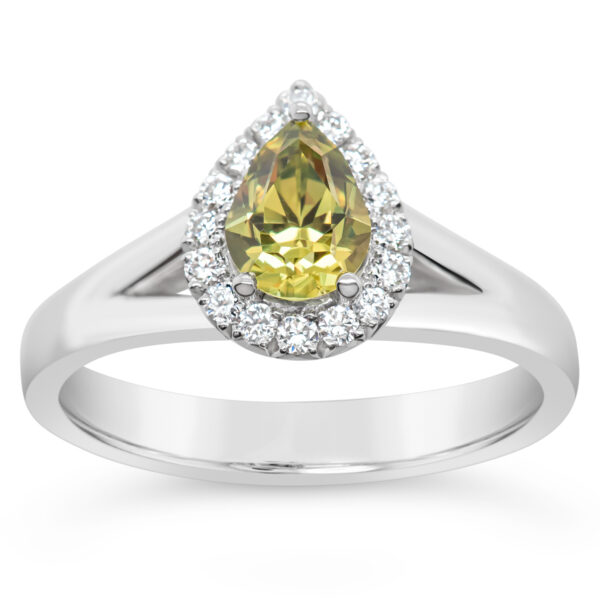Yellow Australian Sapphire Ring Pear with Diamond Halo in White Gold by World Treasure Designs