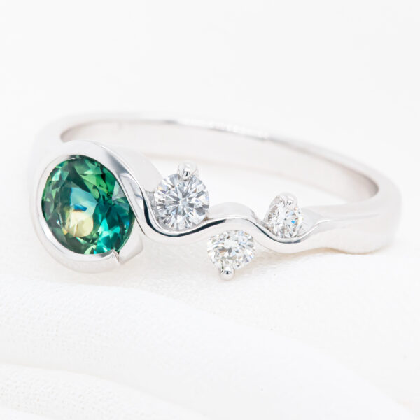 Australian Blue-Green Parti Sapphire Ring with Diamonds in White Gold by World Treasure Designs
