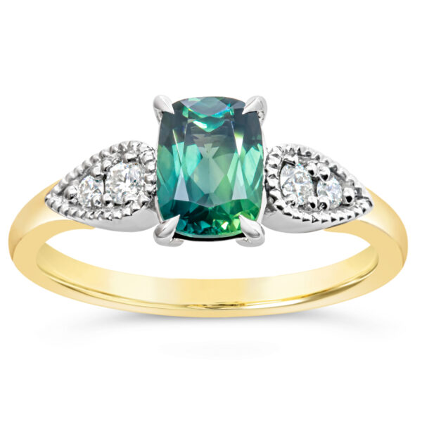 Australian Blue-Green Parti Sapphire Ring with Diamonds in Yellow Gold by World Treasure Designs