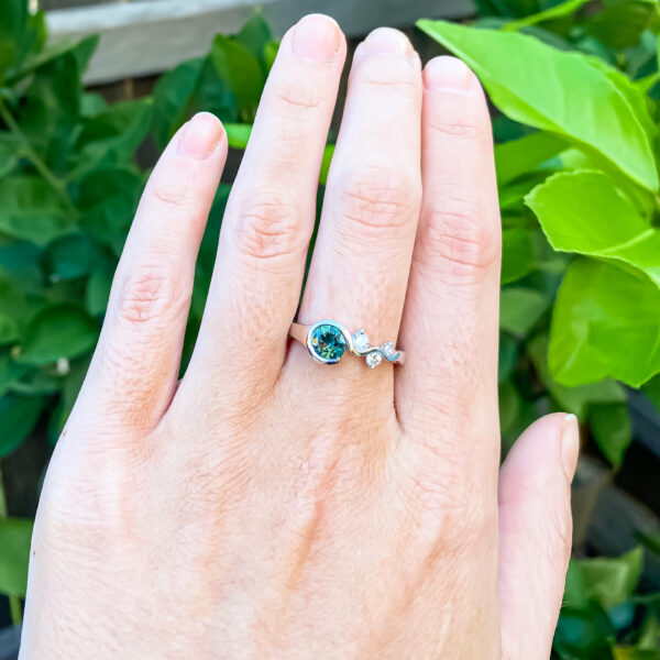Australian Blue-Green-Teal Parti Sapphire Ring Unique Design in White Gold by World Treasure Designs